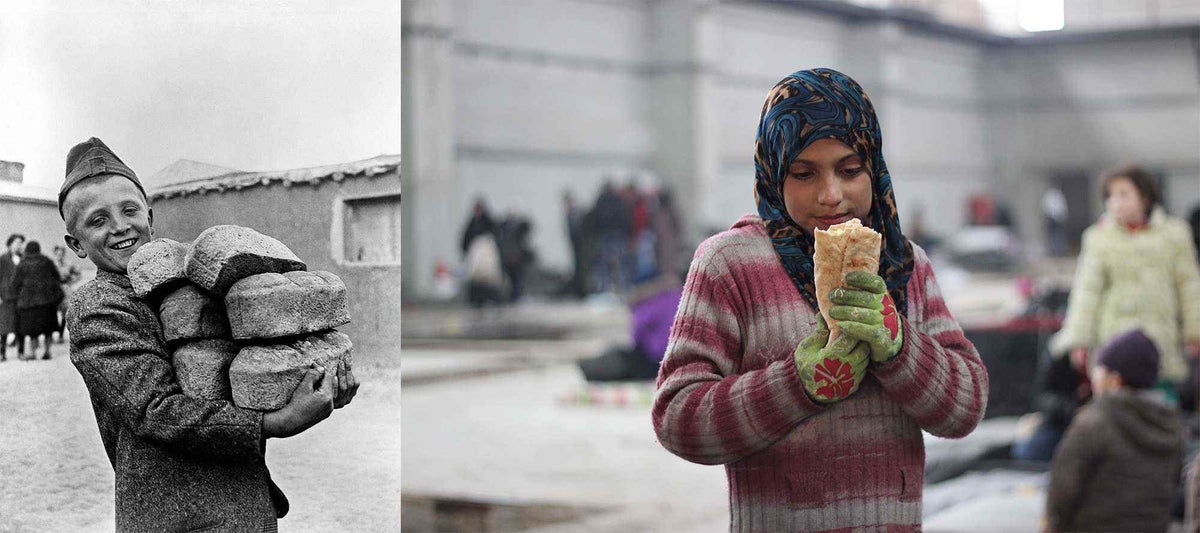 Two children from different times, holding bread