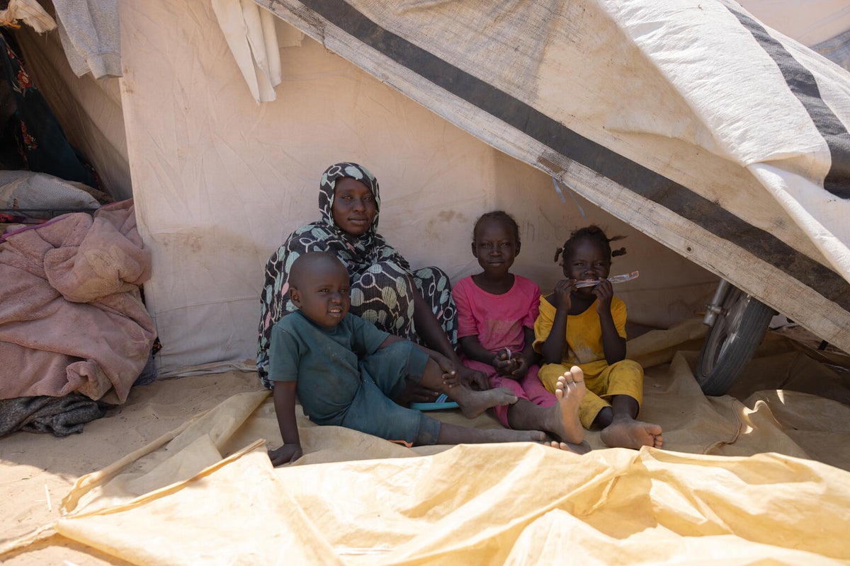 Umsiyad and her four children shelter from the scorching sun under her tent at a camp for displaced persons in Sudan.