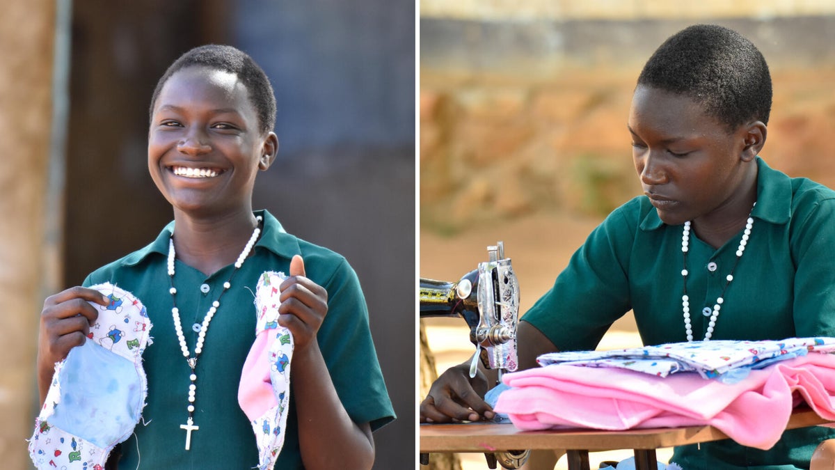 Girl holds up a handmade sanitary towel