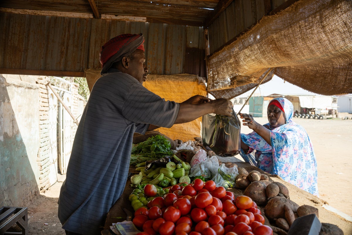 A stall owner hands over a bag full of vegetables that she has just purchased in Sudan.