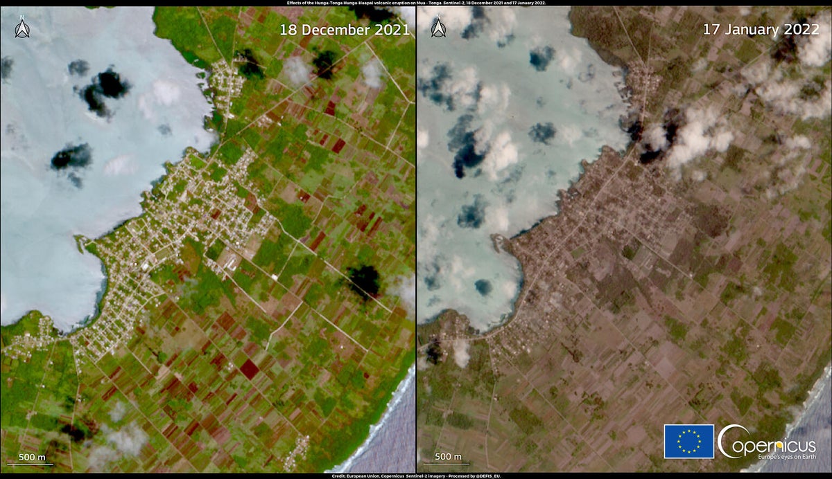 Two satellite images that compare the area before and after the tsunami. 
