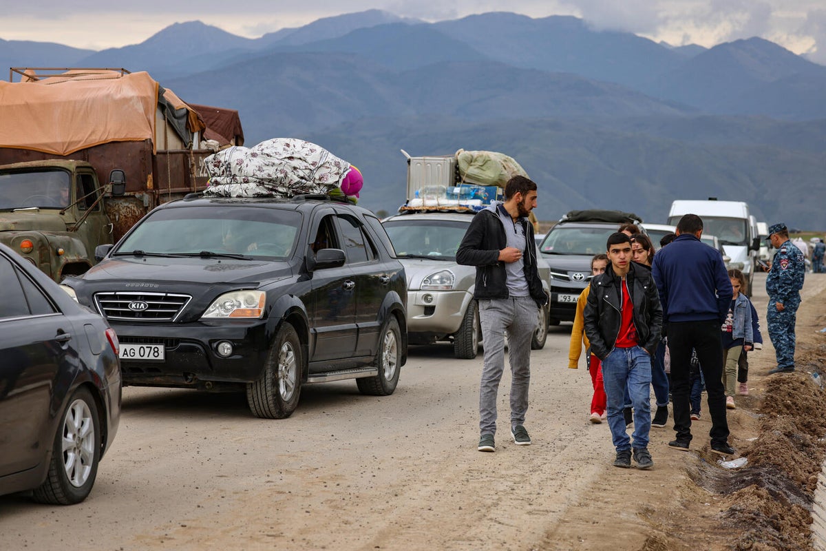 Armenian children fleeing the recent hostilities in Karabakh region 