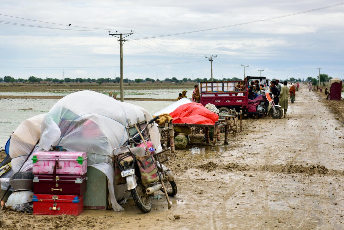 Bundles of boxes and suitcases covered in plastic by the side of a flooded field.