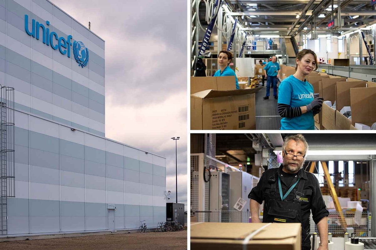 The supplies warehouse in Copenhagen © UNICEF/UN0297745/Nabrdalik VII; UNICEF staff preparing and maintaining the packing line