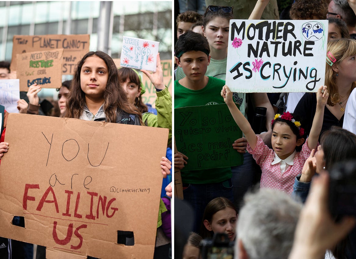 Two different images of girls holding signs against climate change during a march