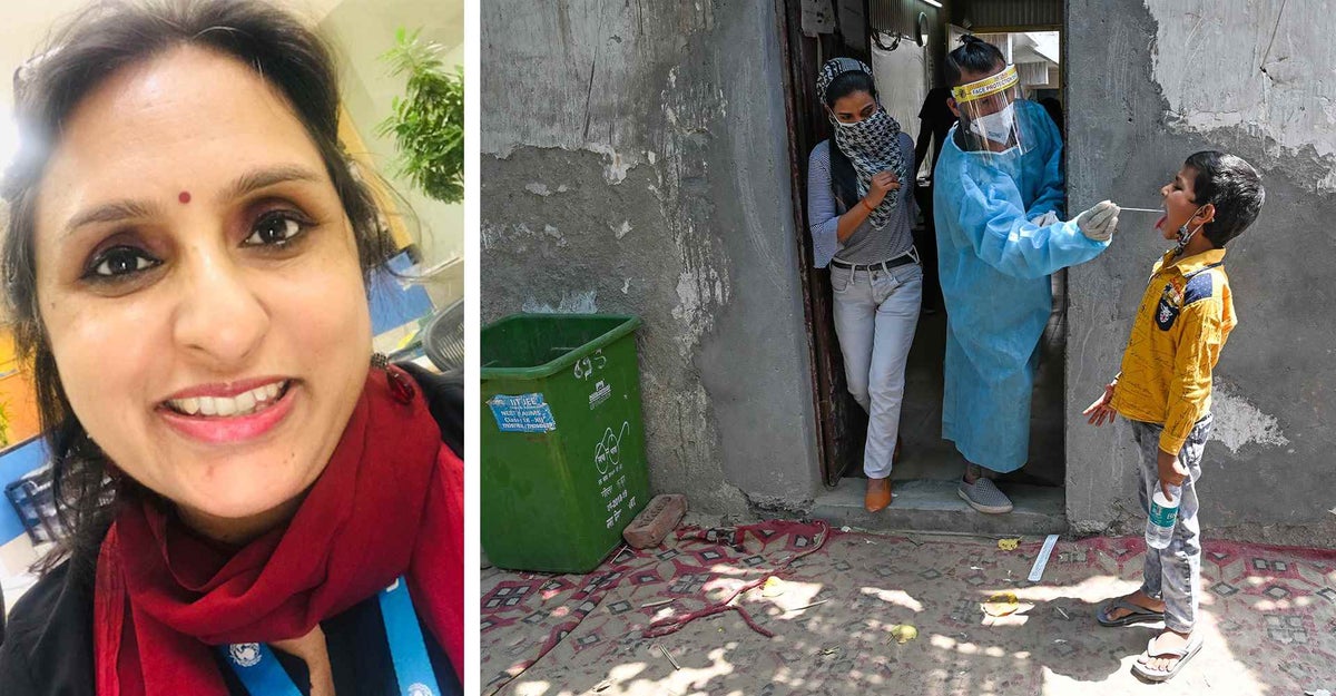 Jessinda Mathew, (left) UNICEF Senior Programme Associate in New Delhi in India. Right, a medical worker takes a swab sample of a boy at a testing centre in Ghaziabad.