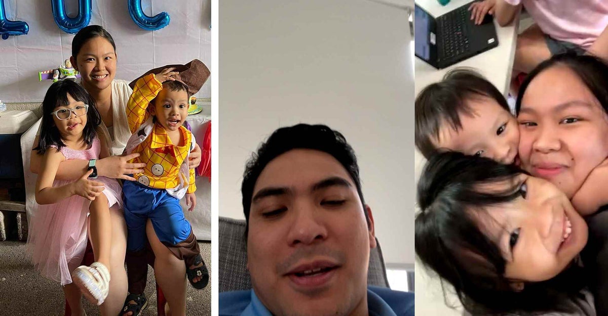 Left, Dennis’s wife and children celebrate his son’s second birthday, and right, Dennis video calls his wife and children.