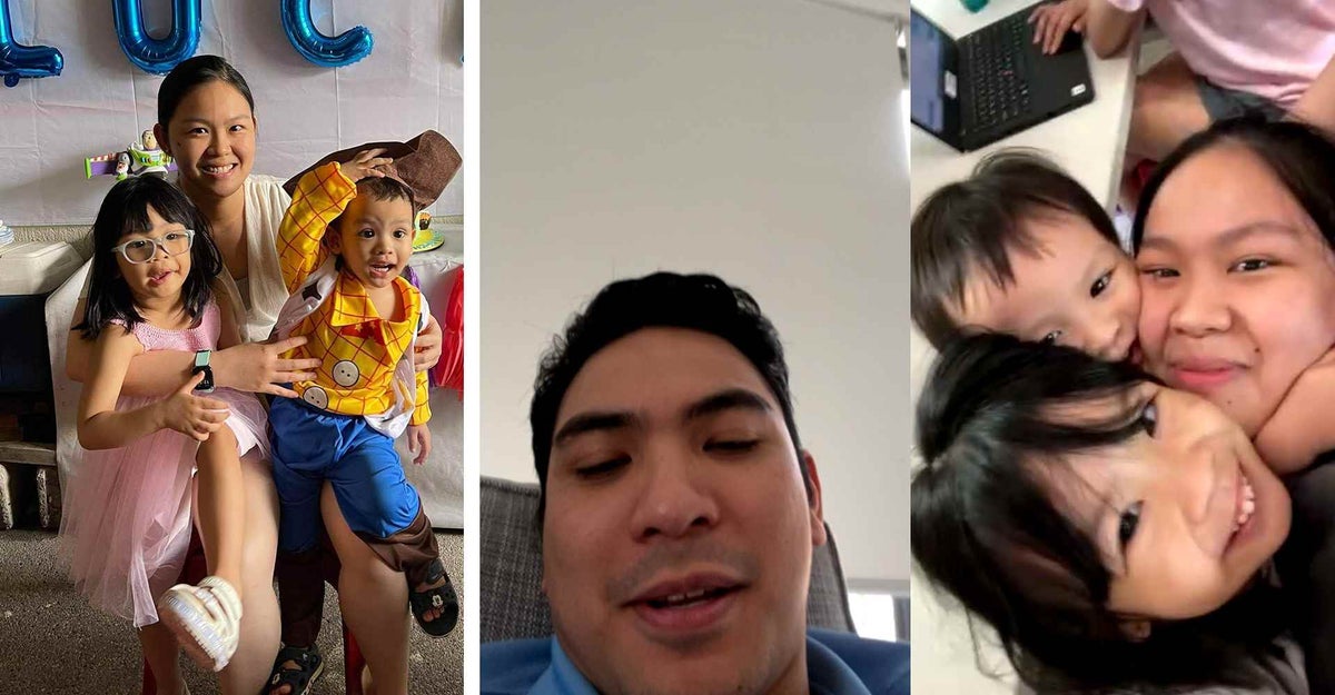 Left, Dennis’s wife and children celebrate his son’s second birthday, and right, Dennis video calls his wife and children. 