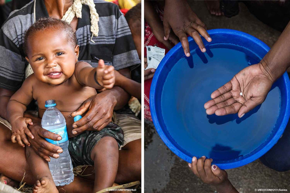 Picture on left is baby with an open bottle of water. Picture on left is a blue tray of water with a hand hovering over the top holding a small white pill.