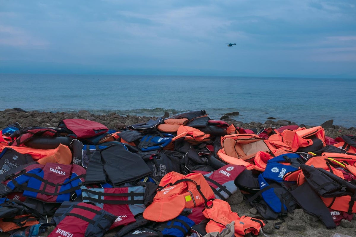 Life vests line the shore near the town of Mithymna, on the island of Lesbos. 