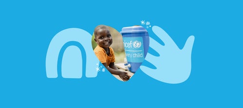Illustration of child using water from a UNICEF-supported tap.