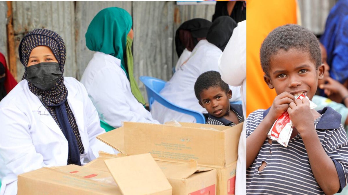 Two images, one of a nurse and a child, the other of a child with ready-to-eat therapeutic food