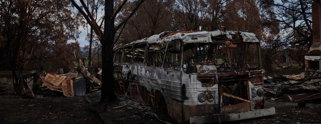 A burnt bus in between trees