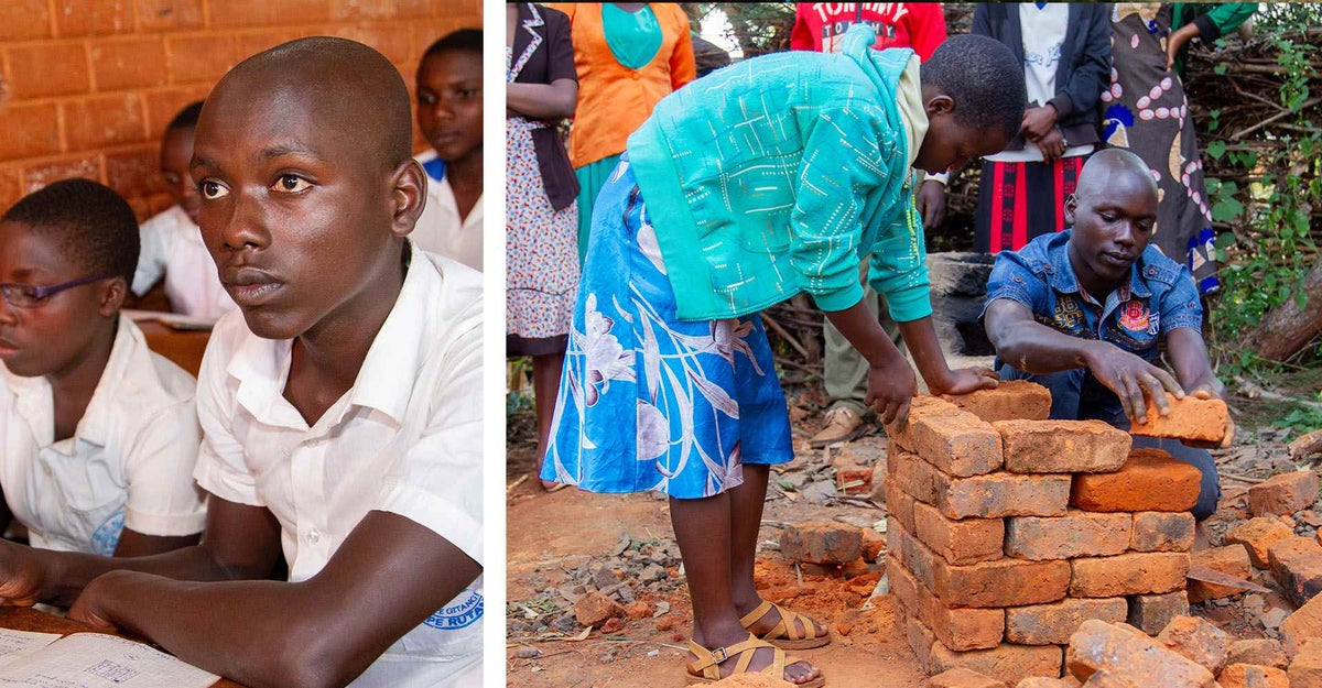 Jean Baptiste, 17 years old follows the teacher's lessons on theories of rocket stoves and right, Gislaine and Jean Baptiste learn how to build a rocket stove.