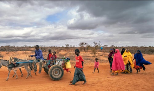 A Somalian family walking in the desert
