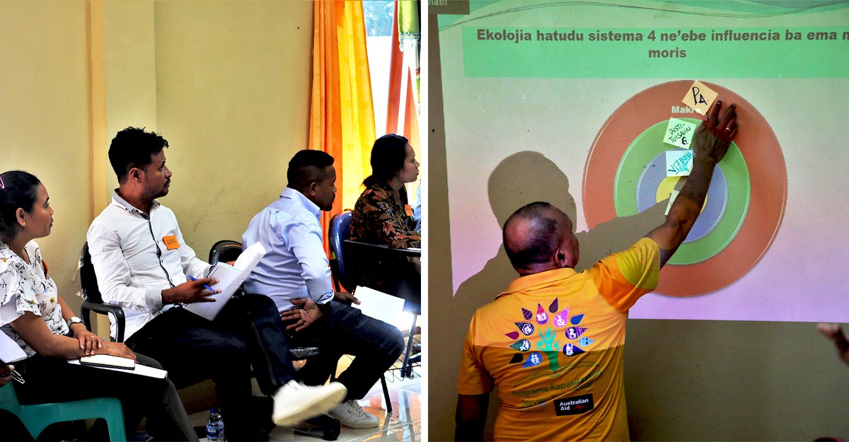 Right: Man in yellow shirt presenting an image, Left: child protection officers undergoing training in a room