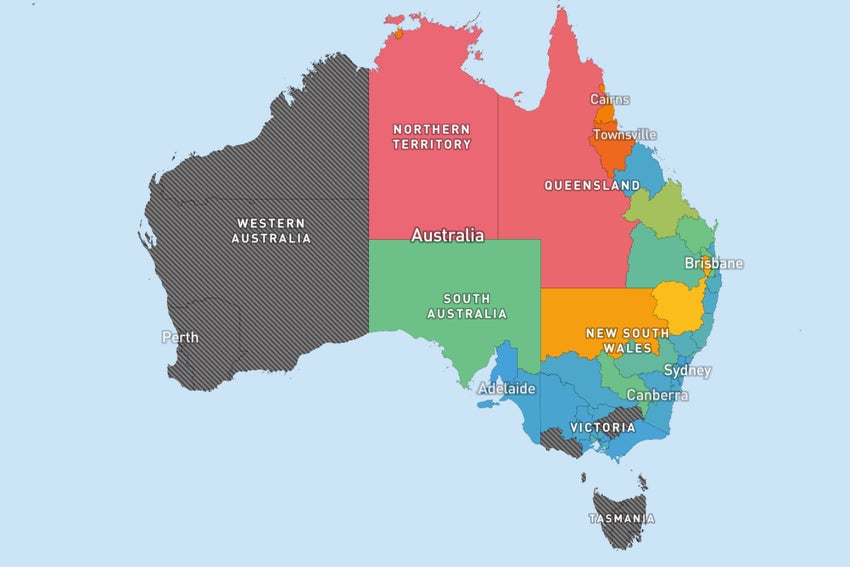 A map of Australia with different shades according to the number of young people doing unpaid voluntary work.