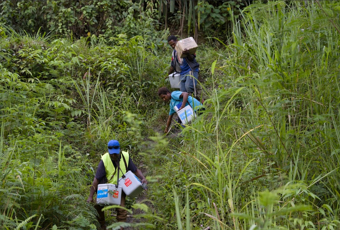 In Papua New Guinea, UNICEF teams travel by foot across mountainous terrain to reach children with vaccines. 