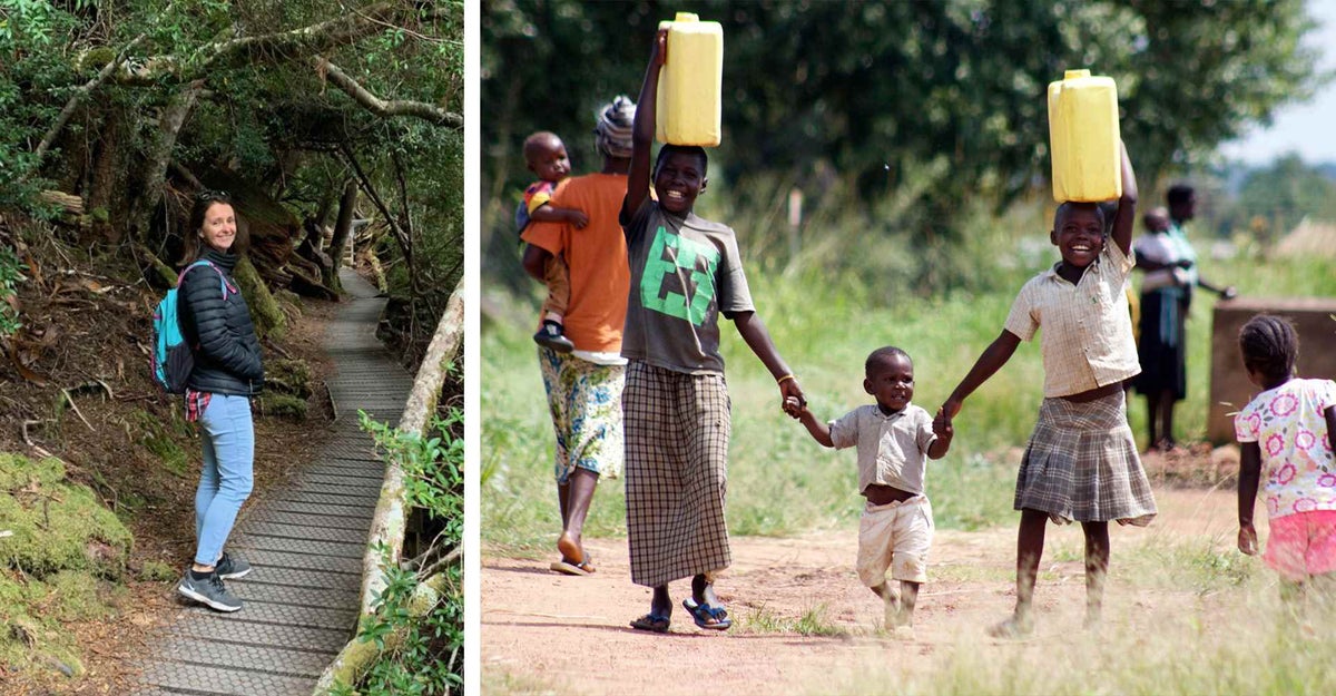 Melbourne-based Alex Fraser (left) takes part in UNICEF Australia’s Water Walk, and children carry clean and safe water from a nearby well in Uganda (right).
