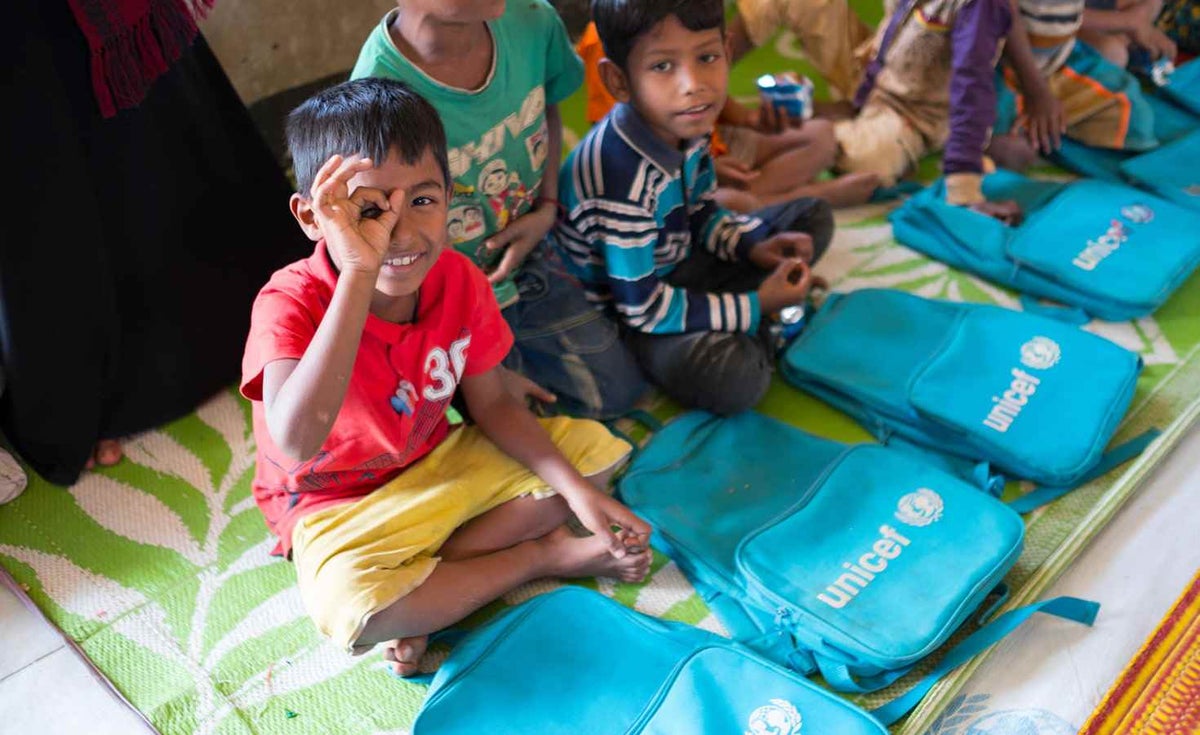 Ehsan, 7, attends a UNICEF learning centre for Rohingya refugee children in Cox's Bazaar.