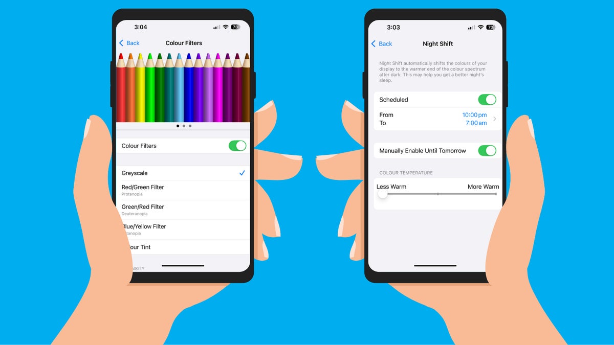 An illustration of two hands holding a phone to show Apple's Night Shift and Colour Filters settings