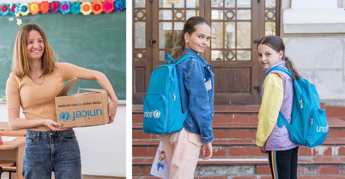 Left, Anastasiia a teacher who fled the war, holds a box of teaching supplies from UNICEF to help her students in Romania, and right, Sofiya and Liza at school with their new backpacks. 