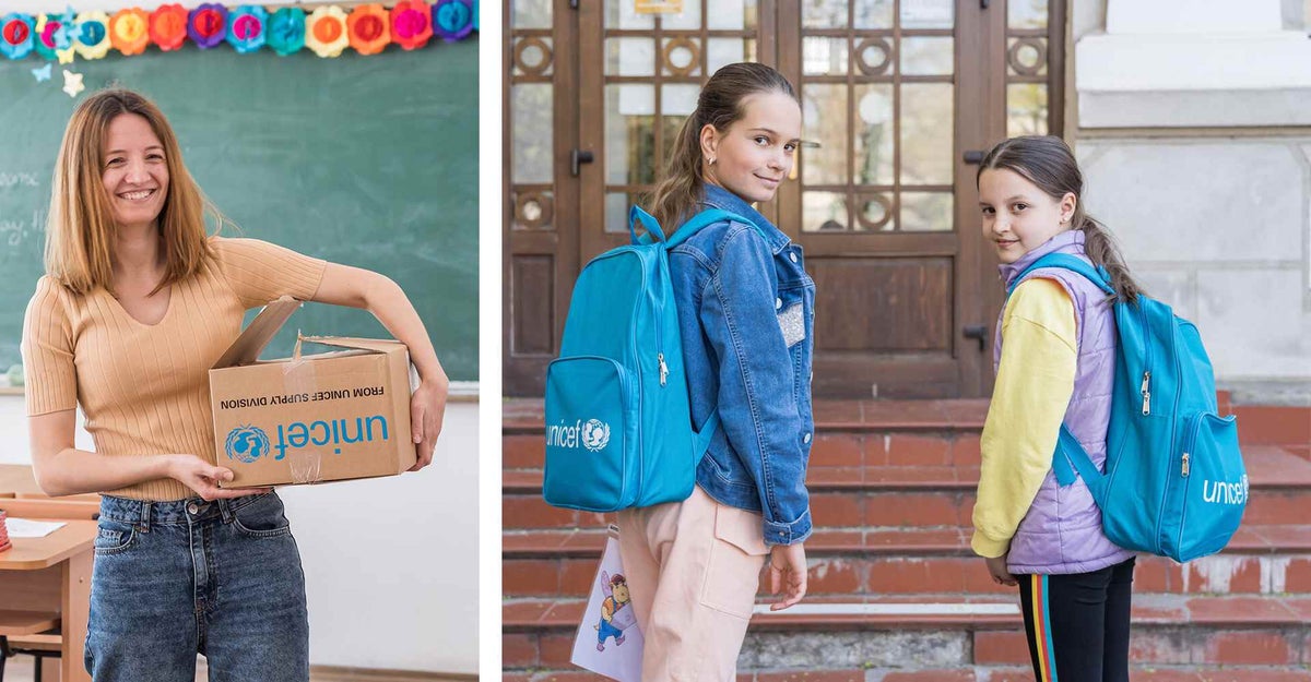 Left, Anastasiia a teacher who fled the war, holds a box of teaching supplies from UNICEF to help her students in Romania, and right, Sofiya and Liza at school with their new backpacks.