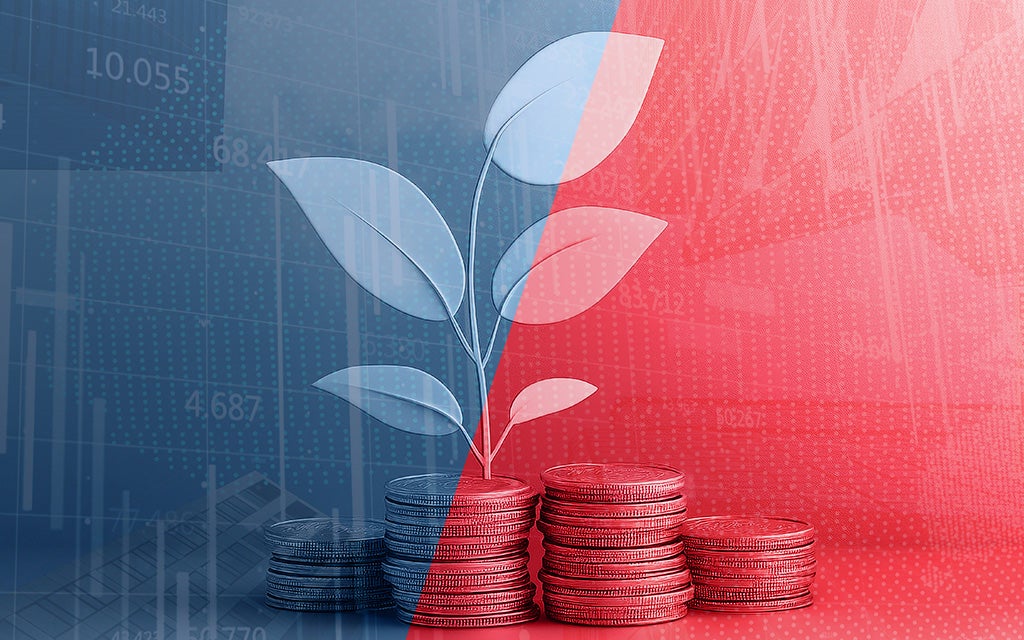 A stack of red coins in the foreground with a white plant sprouting upward, set against a split blue-and-red background featuring faint financial charts and stock market data