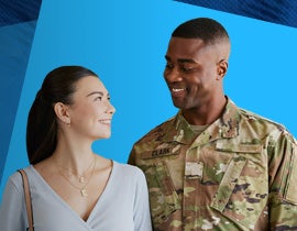 Military couple with blue background.