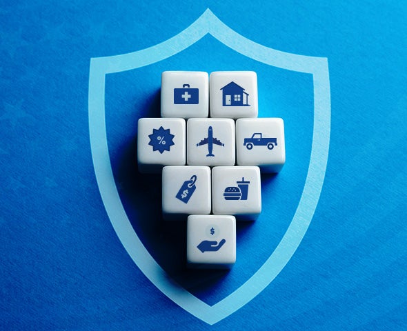Blue background with blocks in a shield outline.