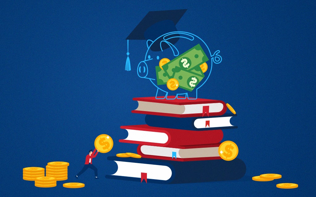 Illustration of a piggy bank wearing a graduation cap, filled with cash and coins, sitting on stacked books.