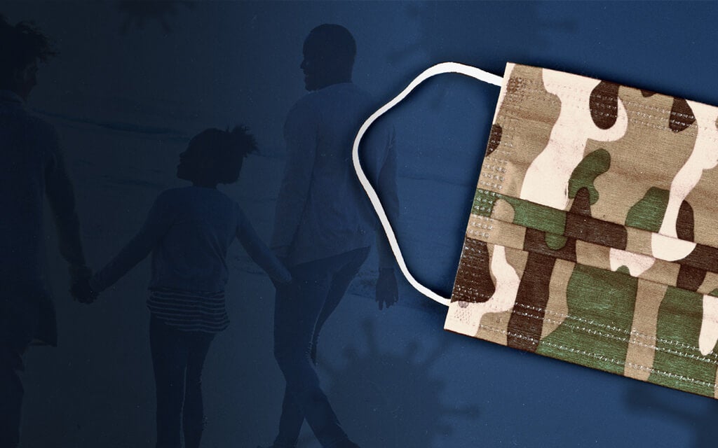 Blue banner image with a camo facemask with background image of a man and child.