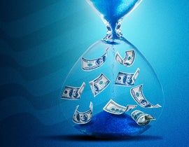 Blue hourglass with falling dollar bills representing military BRS