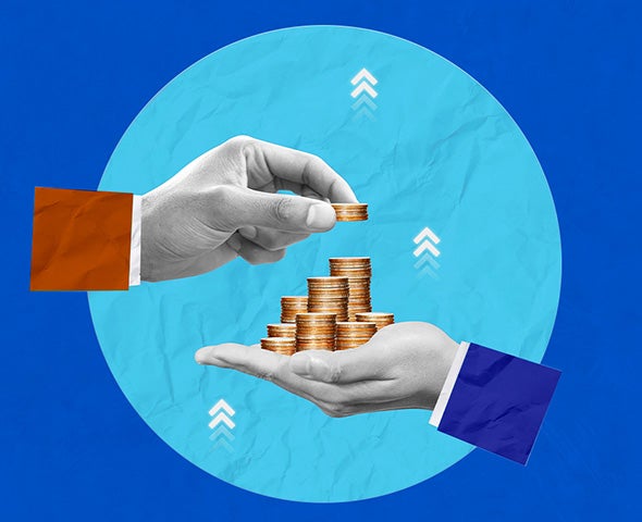 Two hands exchange a coin above a stack of coins, set against a blue and teal background with upward-pointing arrows.