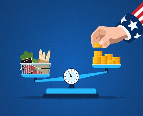 Balance scale comparing grocery costs and stacked coins, representing military retirement COLA and inflation.