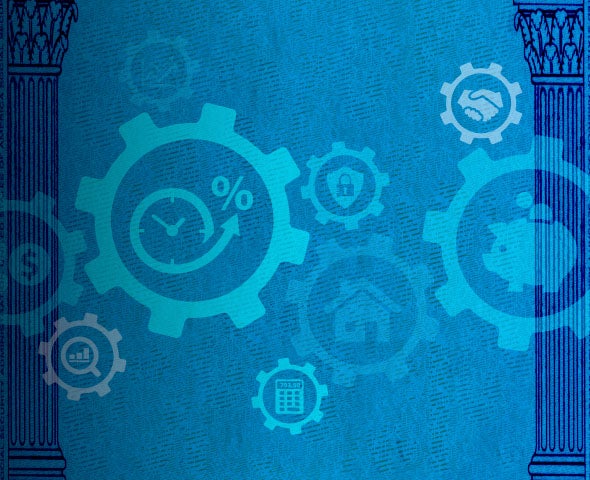 Blue banner showing gears with financial icons representing social security and savings.