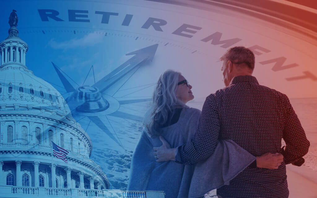 Graphic of the capitol and a couple hugging overlaid on a compass and the word "retirement".
