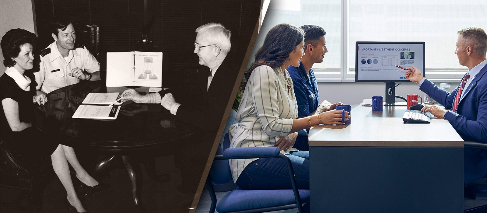 Two side-by-side images. One of a financial advisor helping clients in the 50s. And one of a financial advisor helping clients today.