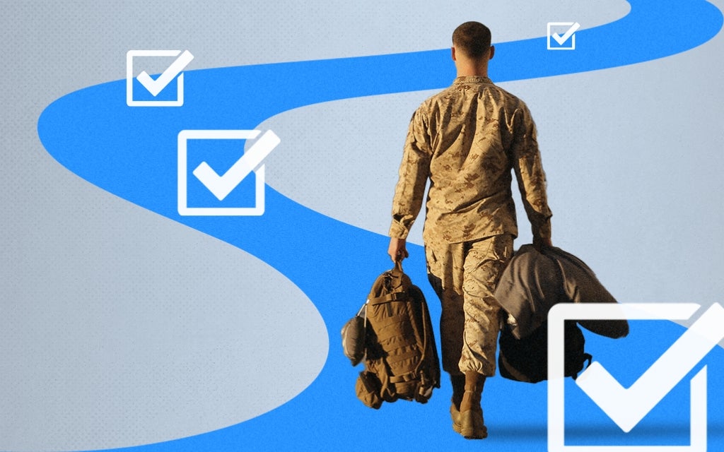 Servicemember walking down a blue curved path with check-marked boxes.