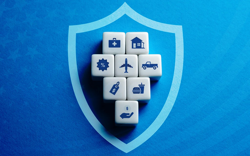 Blue background with blocks in a shield outline.