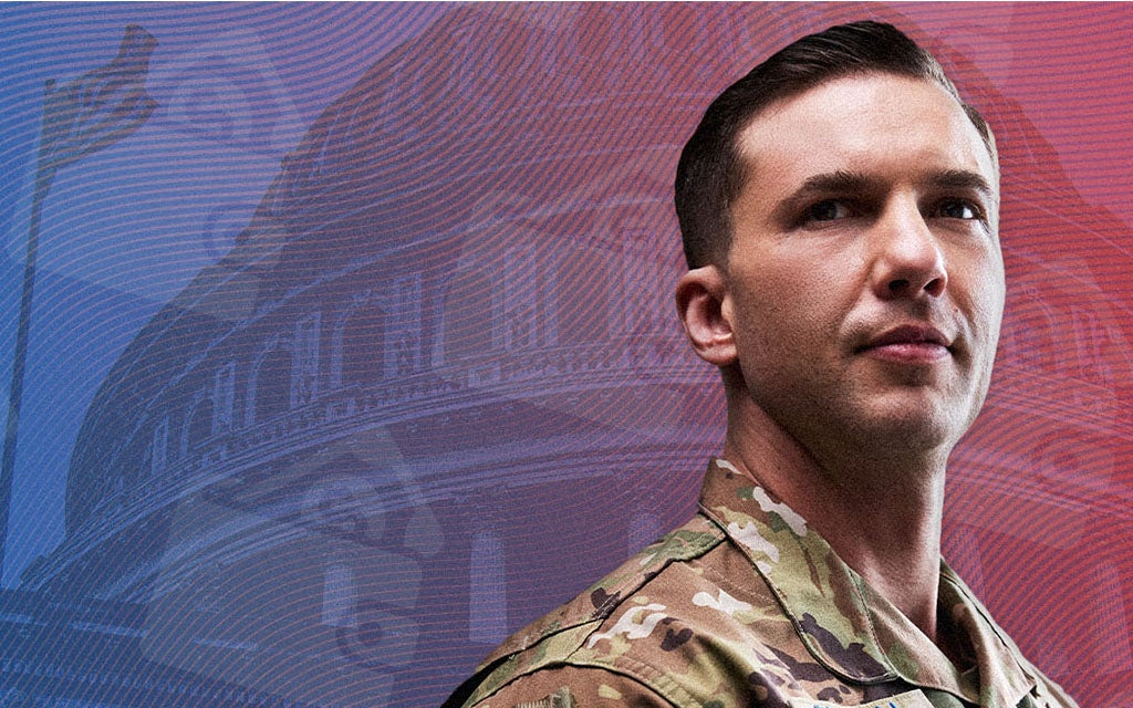 service member looking off into the distance with the white house in the background and wallet icons surrounding