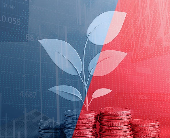 A stack of red coins in the foreground with a white plant sprouting upward, set against a split blue-and-red background featuring faint financial charts and stock market data