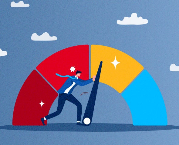 a credit score barometer and a man attempting to push the indicator hand to reflect a higher score