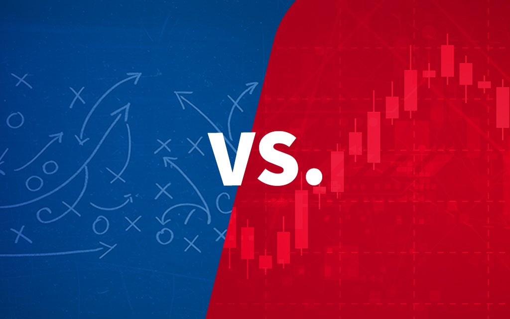 Split graphic showing betting strategy play diagrams on a blue background versus a red financial candlestick chart, with ‘VS.’ in the center