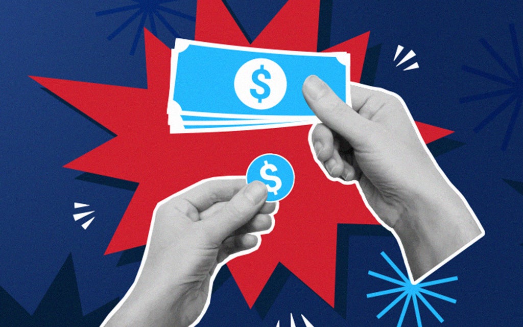 Illustration of hands exchanging a dollar bill and coin against a bold red and blue background.