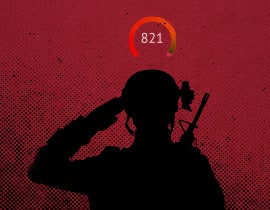 Red banner showing active-duty military service member silhouettes with their credit score above their head