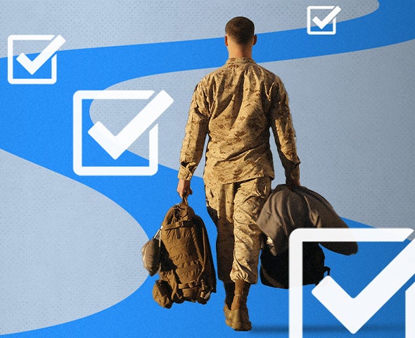 Image of servicemember walking down a blue curvy path with white check-marked boxes.