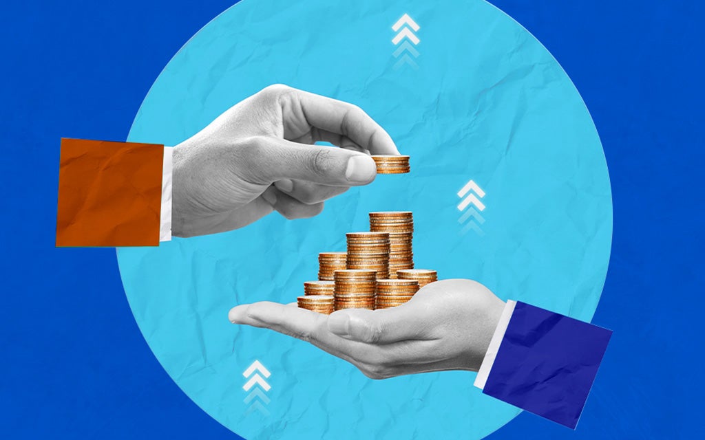 Two hands exchange a coin above a stack of coins, set against a blue and teal background with upward-pointing arrows.
