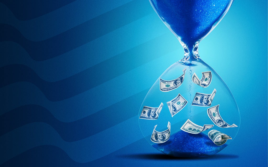 Blue hourglass with falling dollar bills representing military BRS