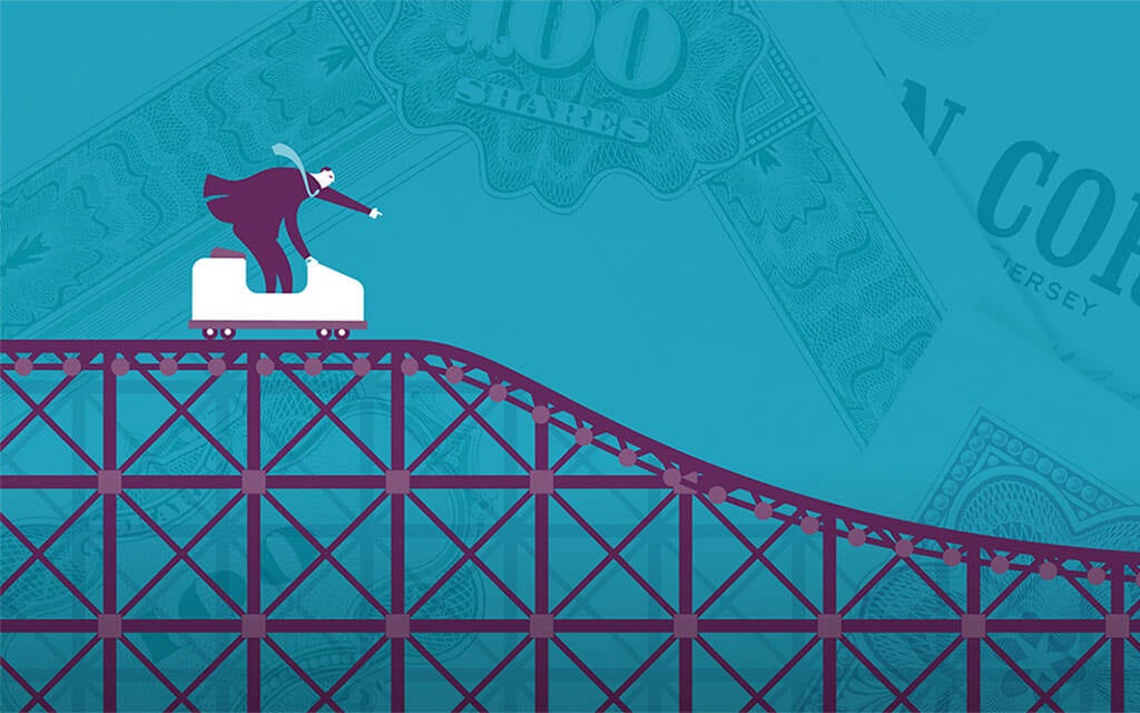 A graphic of a man riding a rollercoaster towards a drop with money in the background.